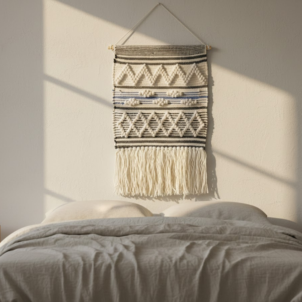 Geometric Wool and Cotton Wall Hanging | Handwoven Fringe Boho Decor
