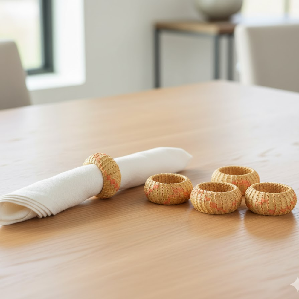 Handcrafted Round Cane & Iron Napkin Rings – Set of 4