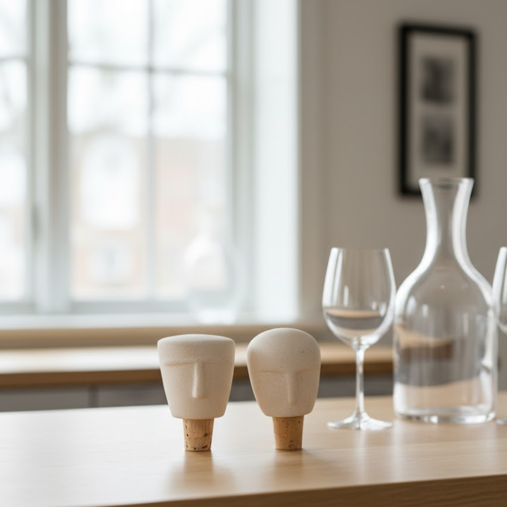 Sculpted Faces Ceramic Bottle Stoppers (Set of 2) – Artisan Ceramic Barware with Hand-Sculpted Face Motifs