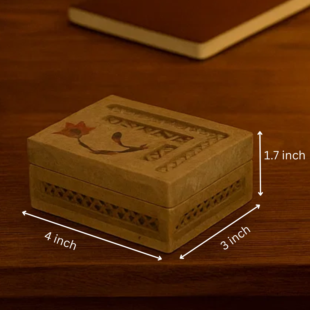 Inlaid Semi-Precious Stone & Lattice Cut Soapstone Jewelry Box