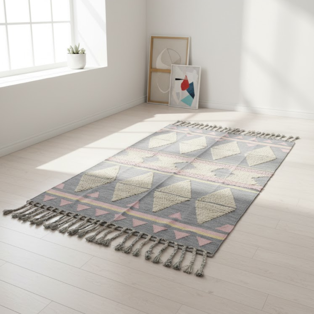 Geometric Fringed Rug with Tassel Braids – Handwoven Fringe Rug with Geometric Design