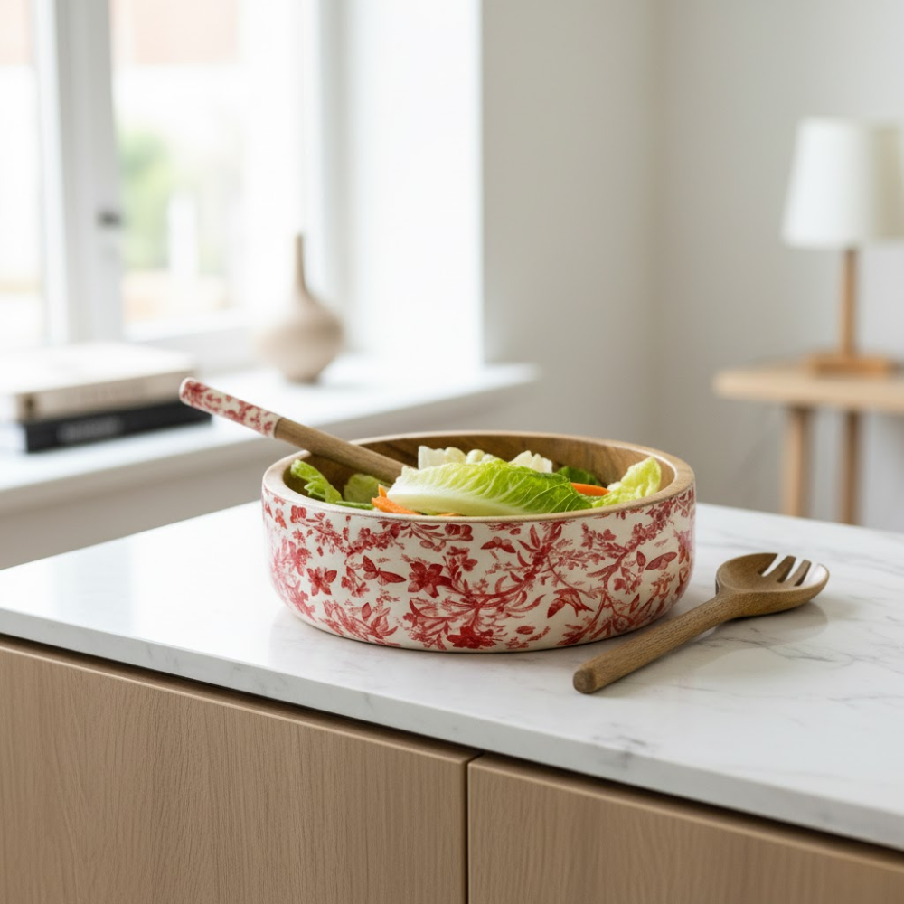Floral Wooden Salad Bowl with Servers Set – Handcrafted