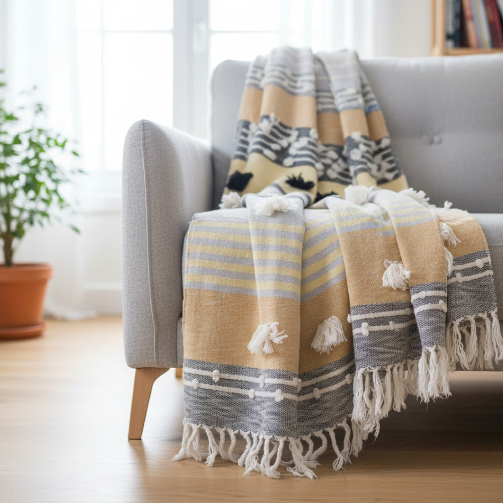Statement Paneled Handloom Cotton & Wool Throw with Tassels