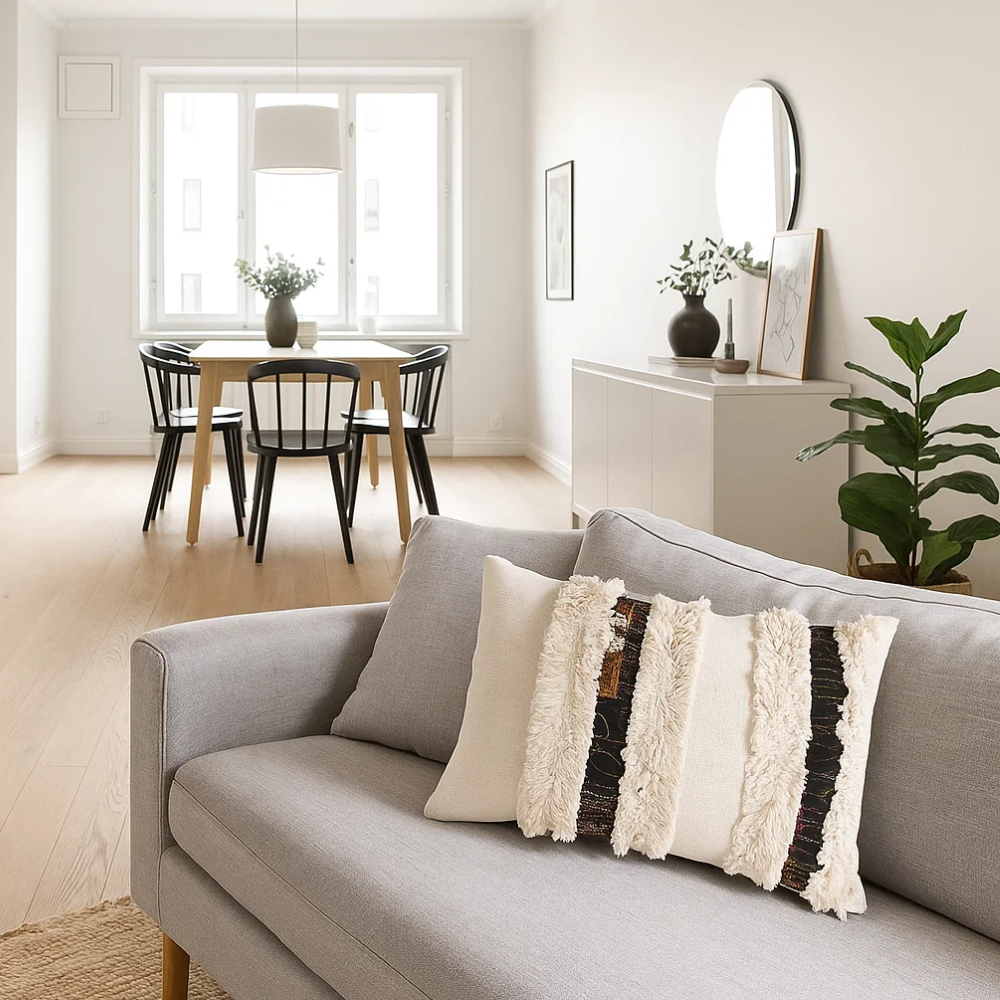 Handmade Shaggy Lace Cotton Cushion Cover – Artisan Cotton Cushion with Boho Lace Detailing