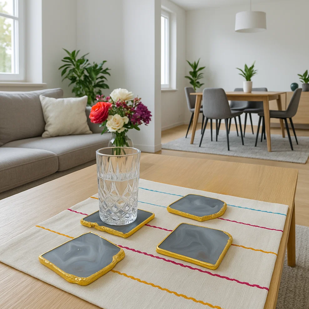 Golden Rimmed Agate Purple Coasters (Set of 4) – Luxury Natural Stone Coasters with Gold Detailing