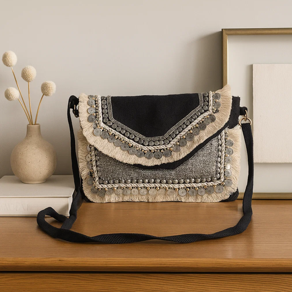 Metallic Embellished & Fringed Black Jute Sling Bag