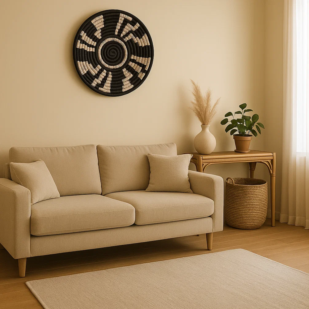 Monochrome Tribal Wall Plate – Handwoven Boho Wall Décor in Black & White