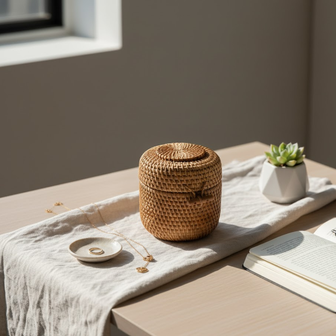 Handwoven Cane Earthy Jewelry Storage Box