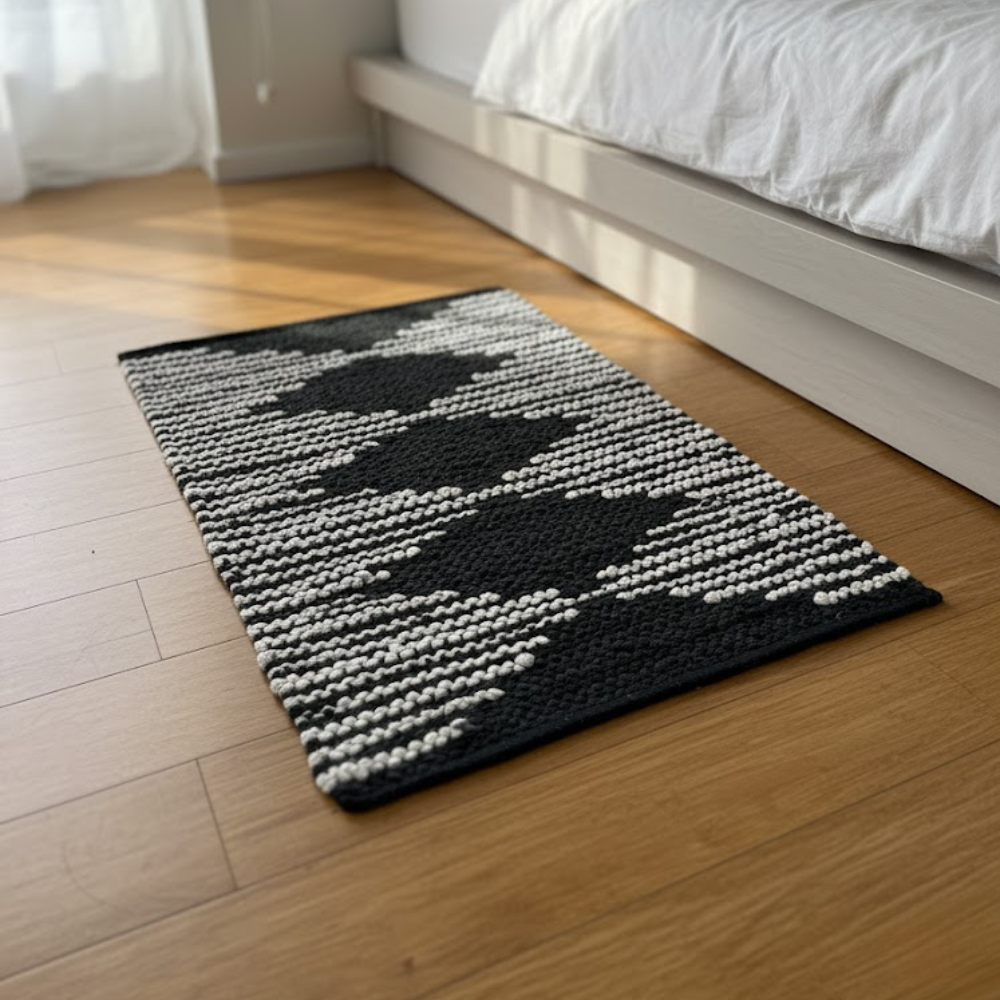 Handwoven Cotton Monochrome Durry – Artisan Diamond Pattern Rug with Stripes