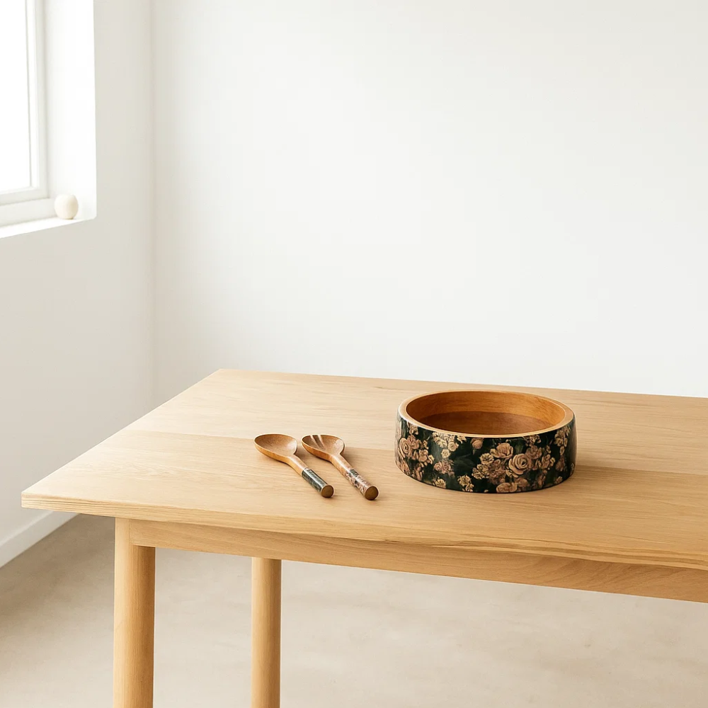 Vintage Rose Salad Bowl with Servers set – Hand-Carved