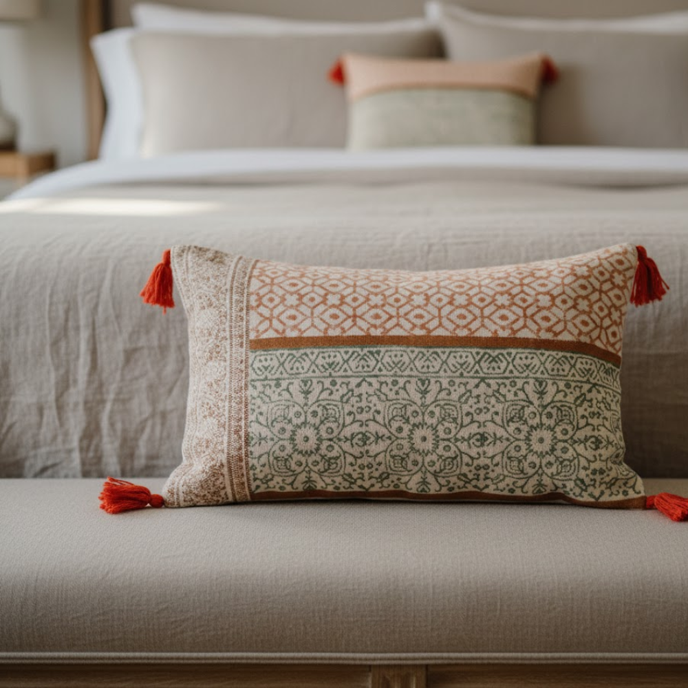 Block Printed Floral Tasseled Lumbar Cotton Cushion Cover