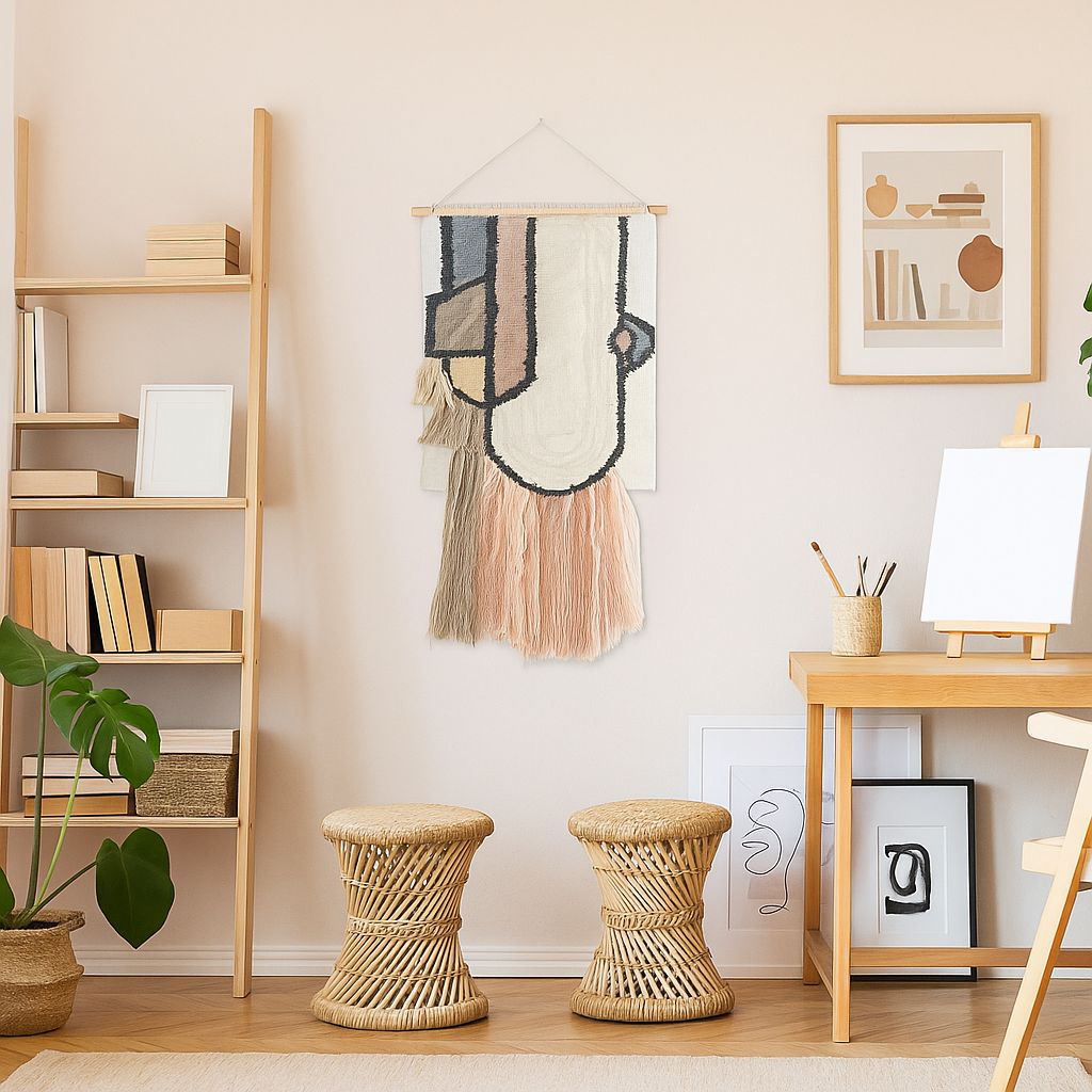 Pastel abstract wall hanging with cotton fringe – geometric boho decor for bedroom, nursery, or living room wall styling

