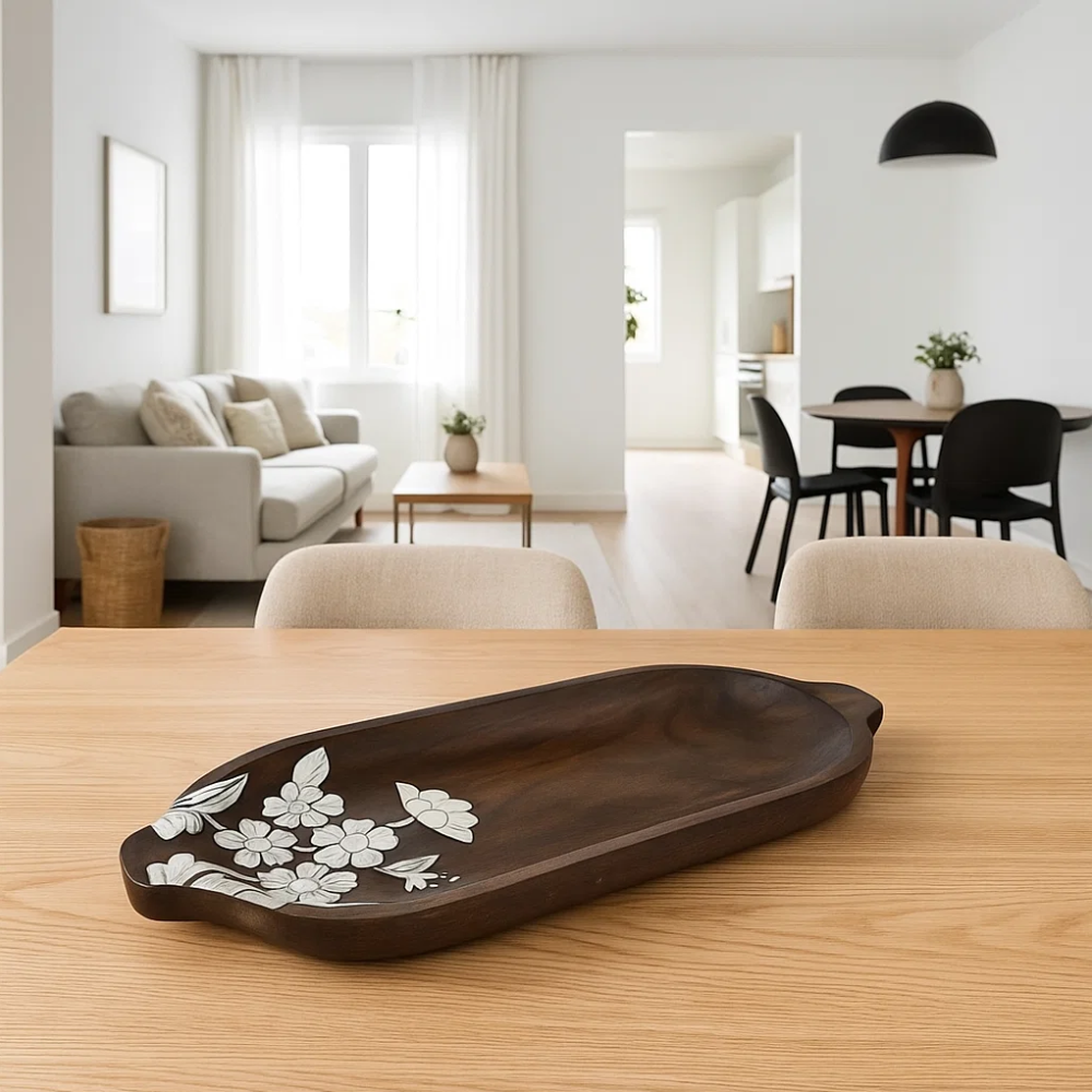 Hand Painted  Floral-Sketch Elongated Mango Wood Platter