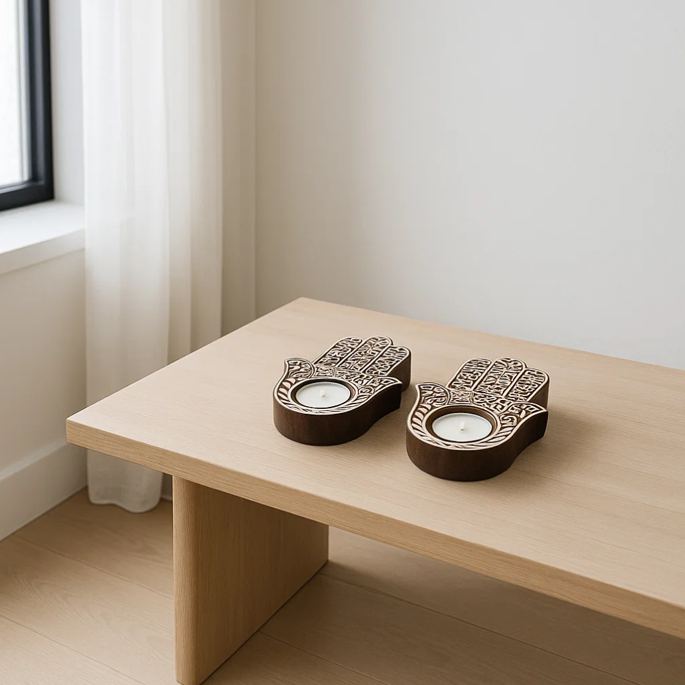 Hand Carved Wooden Hamsa Palm Tealight Holders (Set of 2) – Artisan Candle Holders with Protective Symbolism