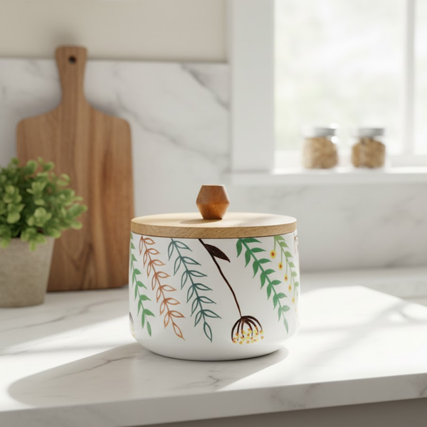 Enamel Mango Wood Canister | Botanical Lid | Gleemium