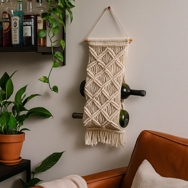 Macrame Wine Rack | Bohemian Handwoven Wall 3 Bottle Holder