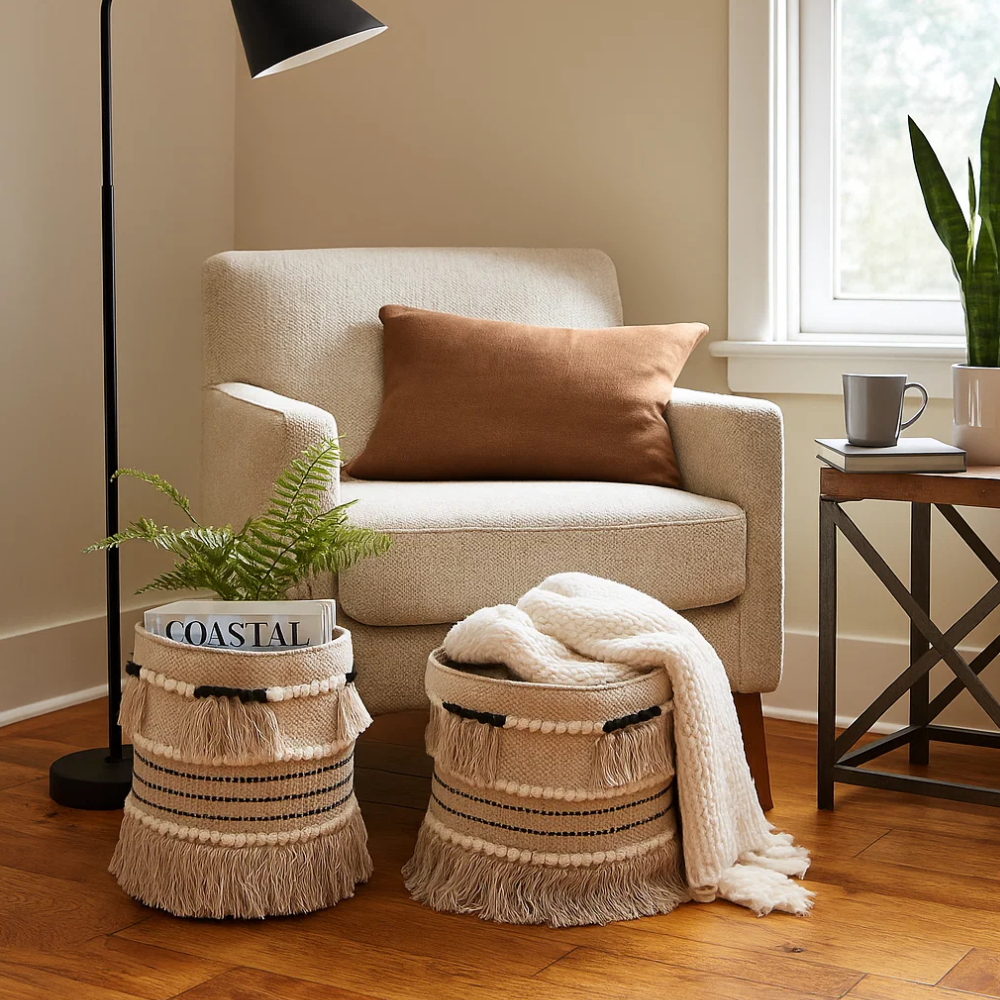 Jute & Fringed Cotton Basket – Handwoven Eco-Friendly Cotton Basket