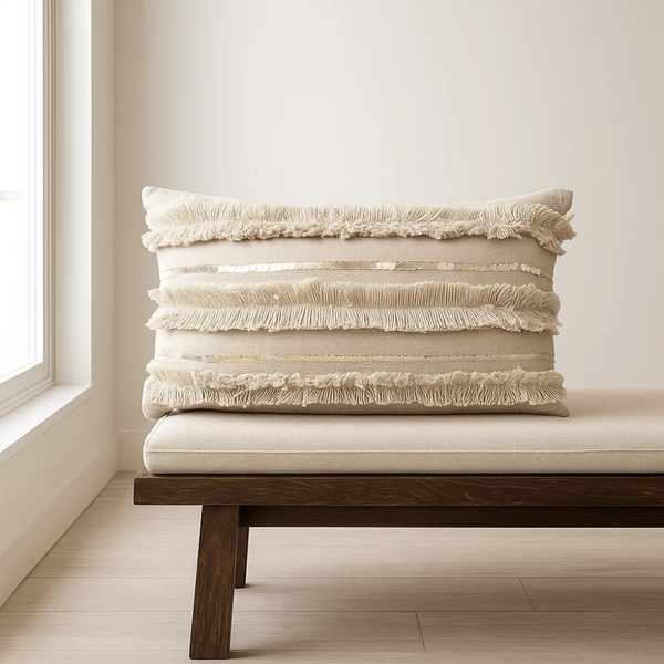 Sequin Fringe Cushion | Lumbar Cotton Boho | Gleemium