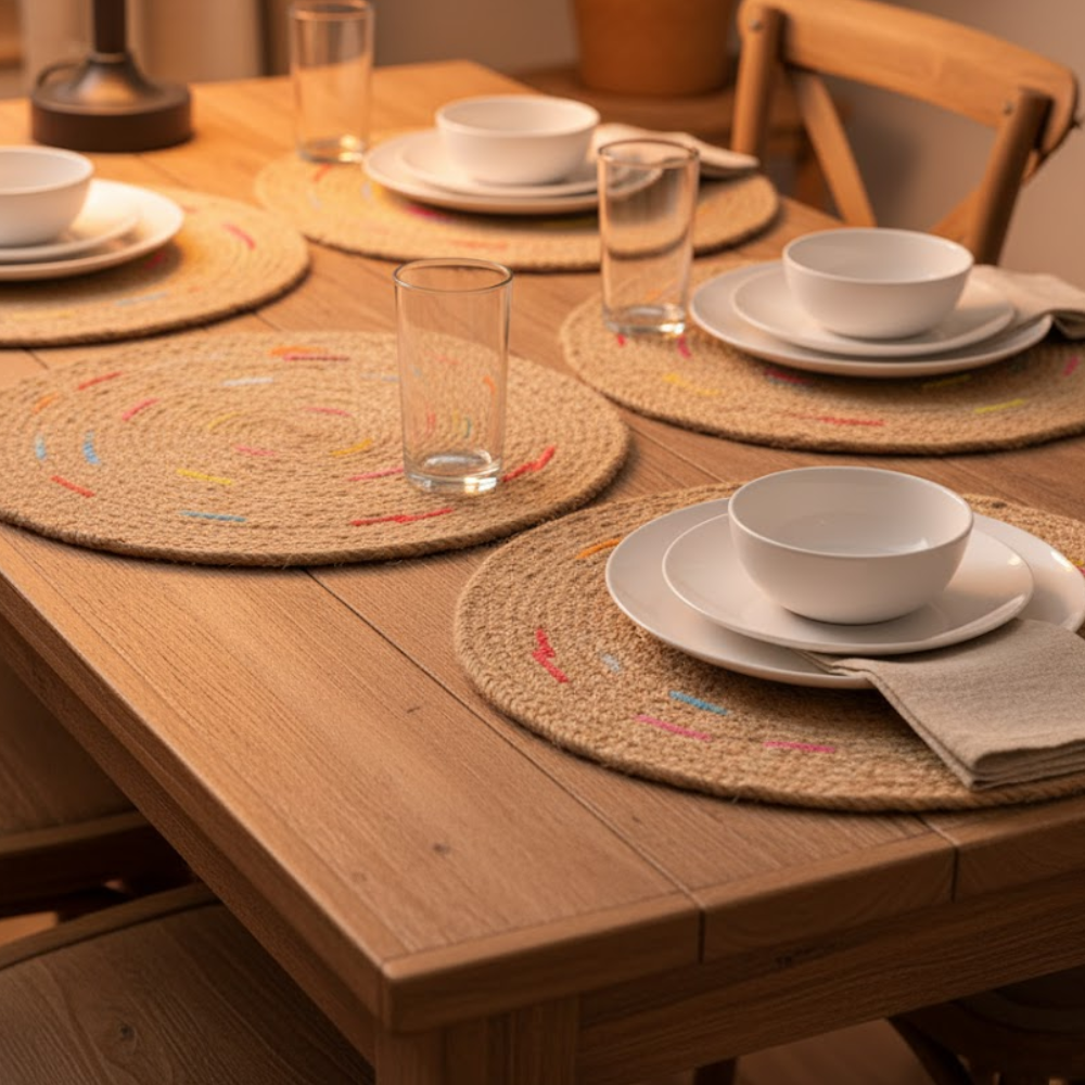Hand Braided Jute Placemats (Set of 7) – Eco-Friendly Dining Table Mats in Natural Jute