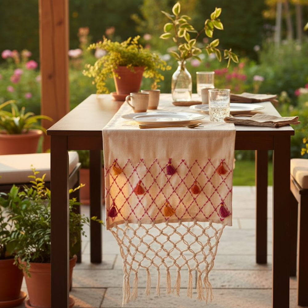 Handwoven Tassels & Net Design Cotton Table Runner