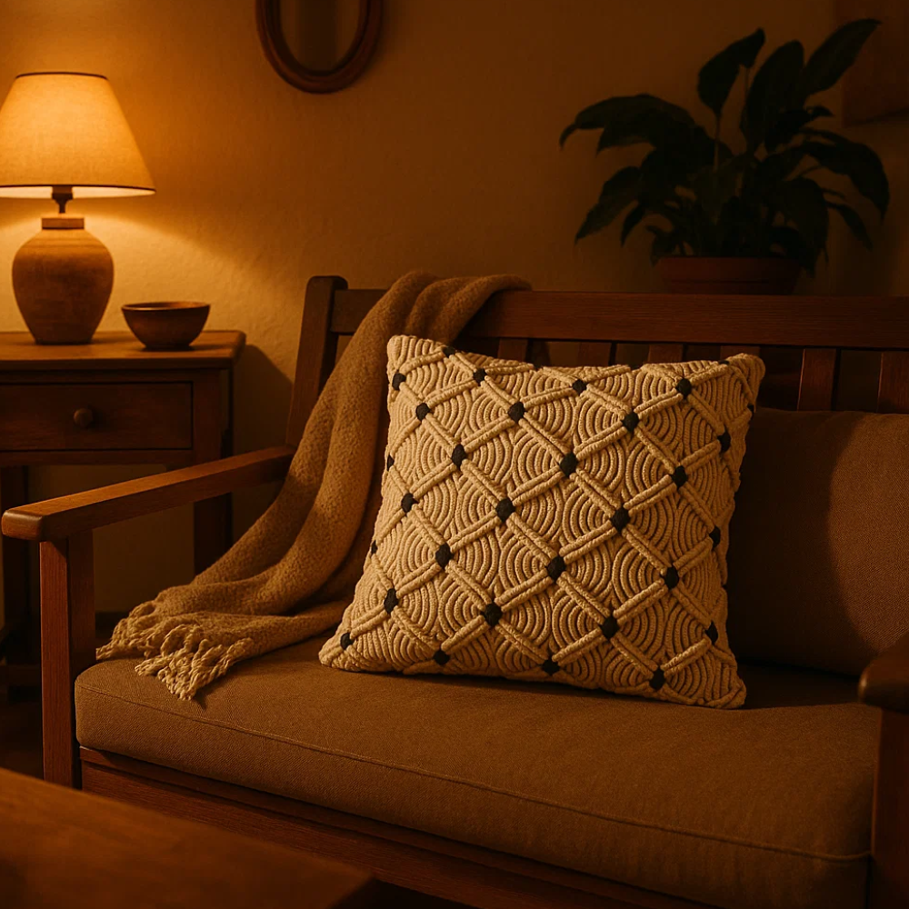 Bohemian Macrame Cushion Cover – Handcrafted Cushion Cover with Fringes for Sofa & Chairs