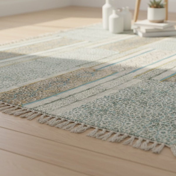 Block Printed Cotton Rug | Hand Embroidered Fringed Boho Decor