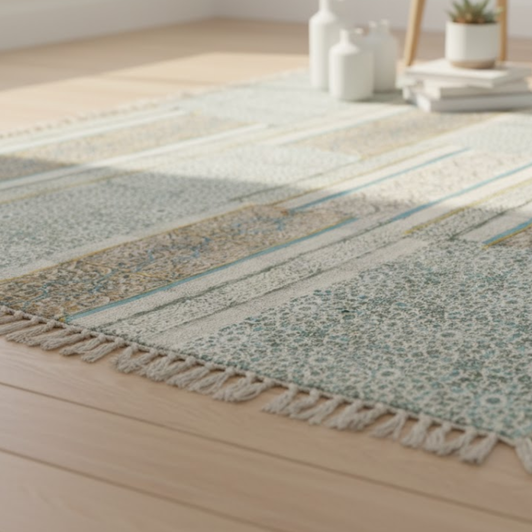 Hand Embroidered Block Printed Cotton Maximal Fringed Rug