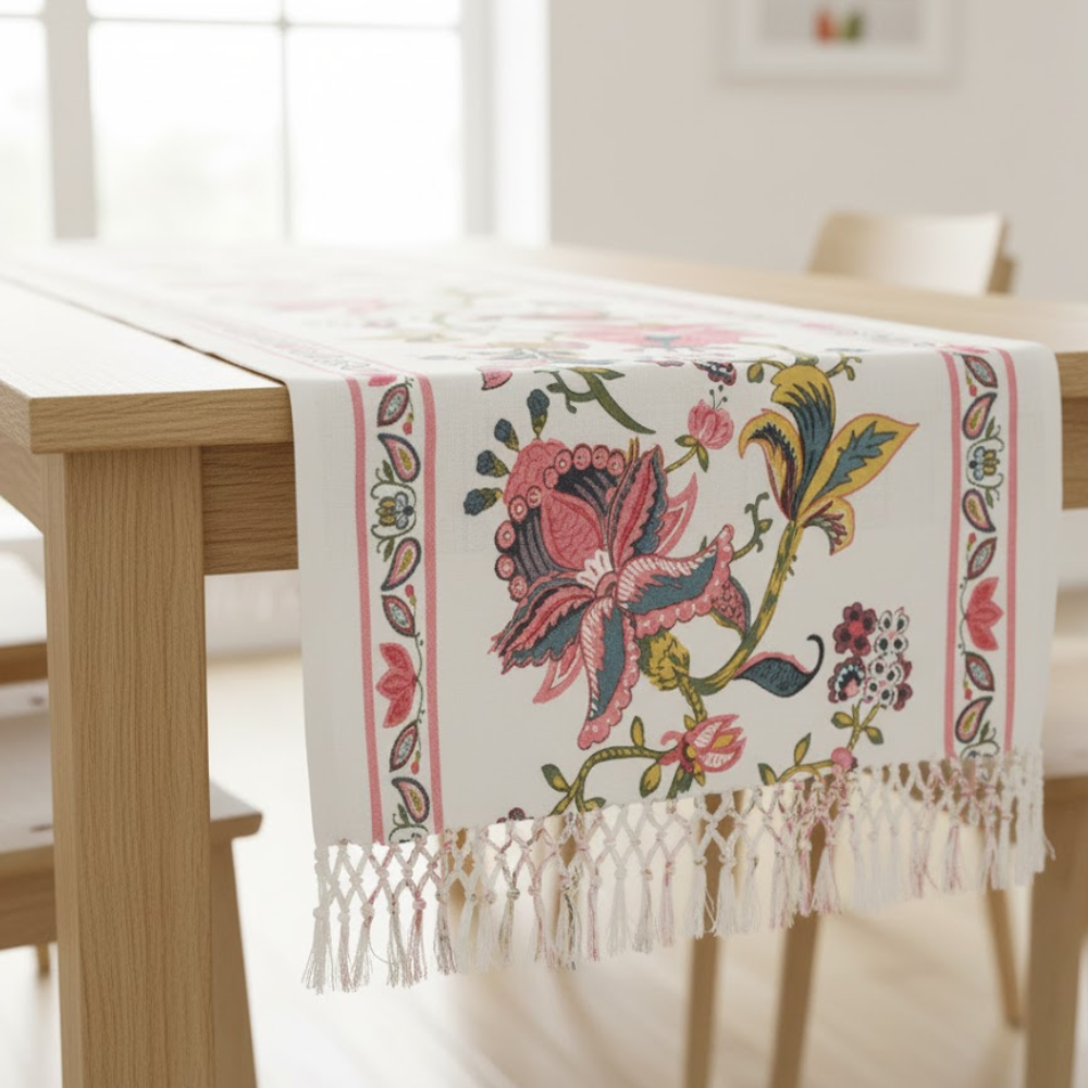 Floral Printed Cotton Table Runner with Tassels – Handwoven Artisan Dining Table Décor