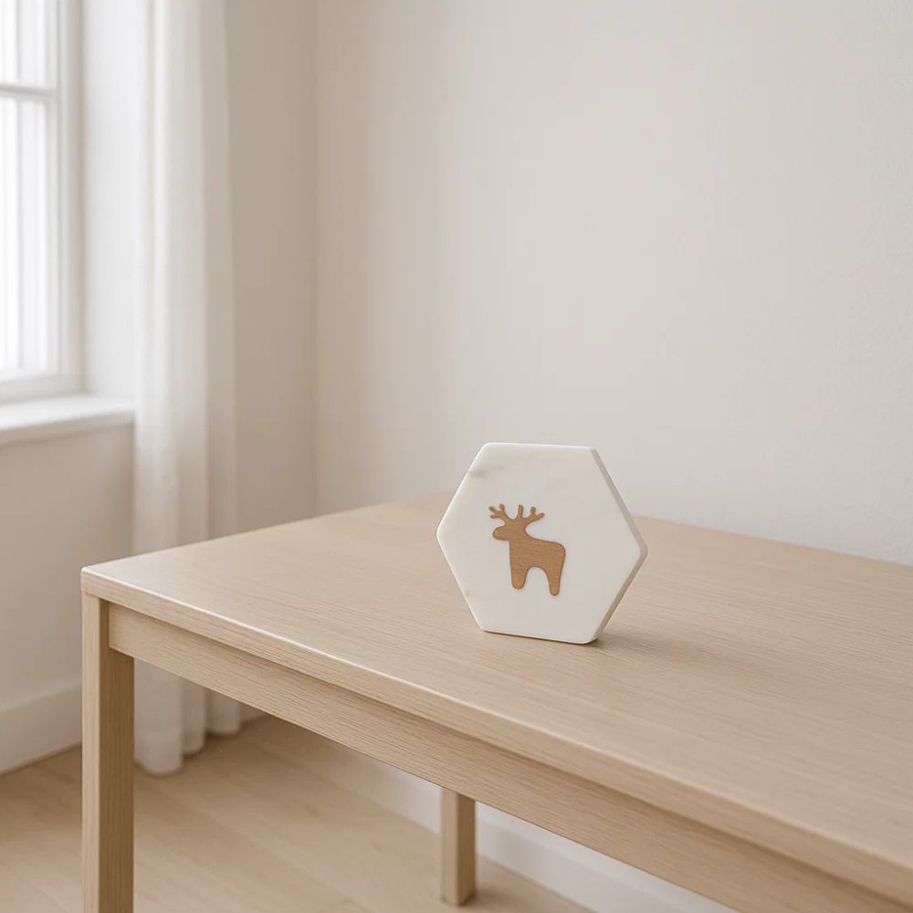 Reindeer Inlaid Marble Coasters (Set of 4) – Handcrafted White Marble Drink Coasters with Wooden Inlay