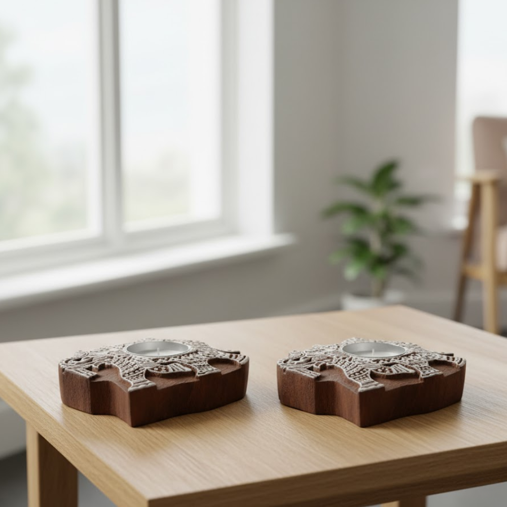 Hand Carved Wooden Elephant Tealight Holders (Set of 2) – Artisan Wooden Candle Holders with Elephant Motif