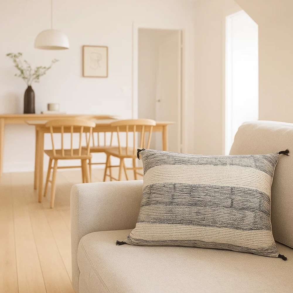 Tasseled Black Lines Lumbar Cotton Cushion Cover – Handwoven Sofa Cushion Cover