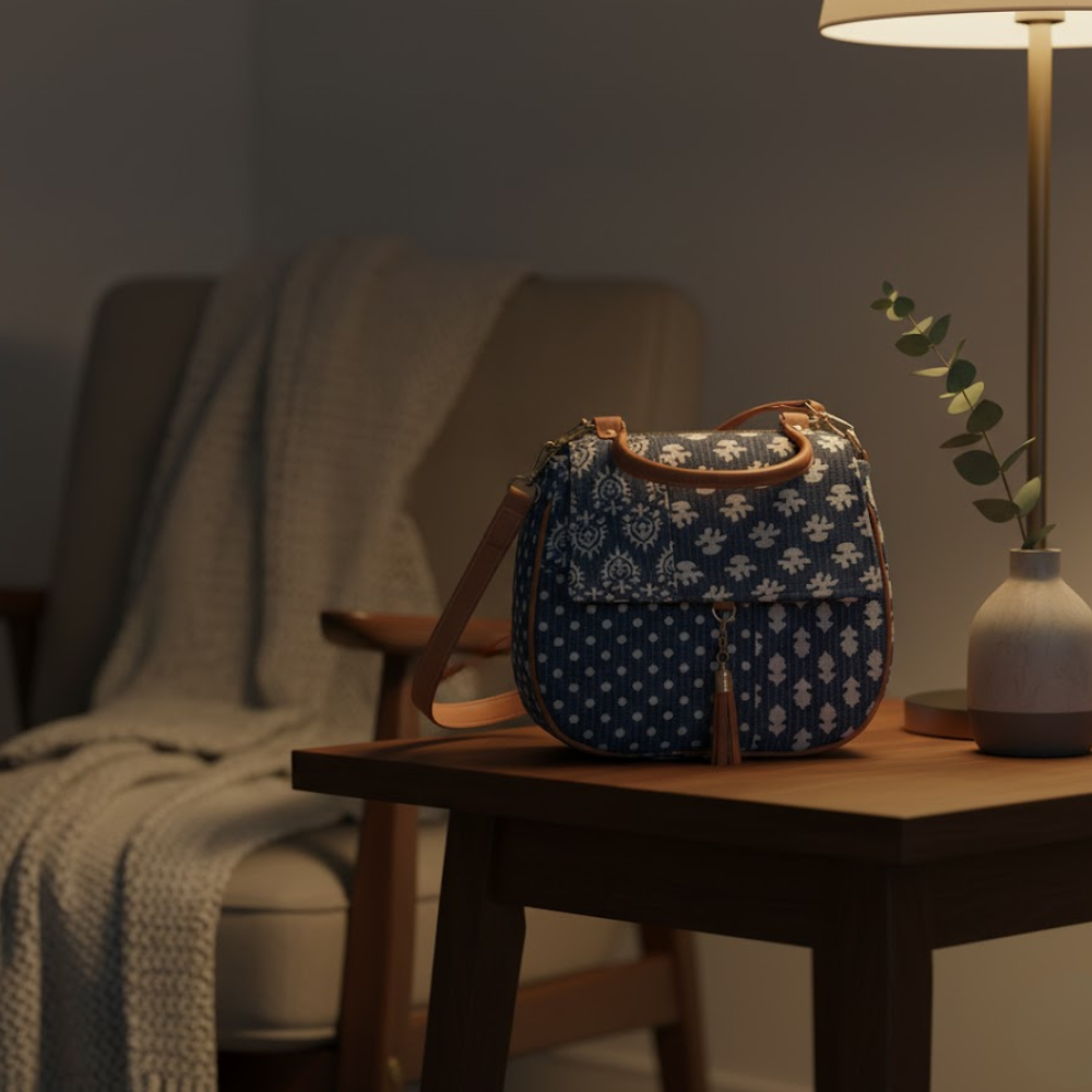 Floral Indigo Printed Handbag with Tassel