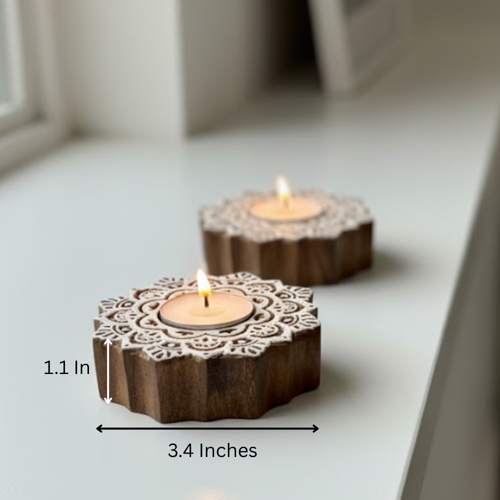 Hand Carved Wooden Mandala Tealight Holders (Set of 2) – Artisan Candle Holders with Intricate Mandala Design
