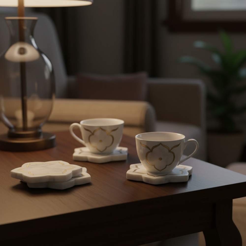 Inlaid Marble Mughal Blossom Coasters – Set of 4 Handcrafted