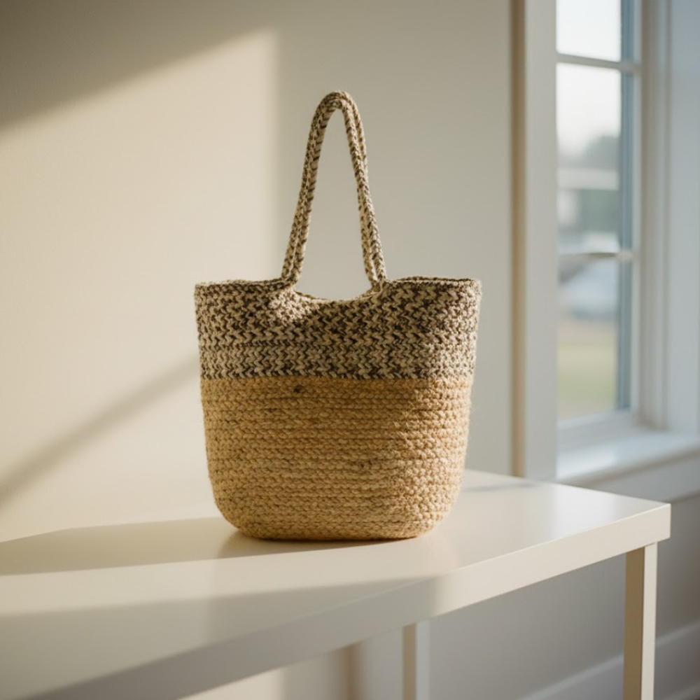 Hand Braided Jute & Cotton Tote Bag – Eco-Friendly Artisan Tote Bag in Natural Fibres