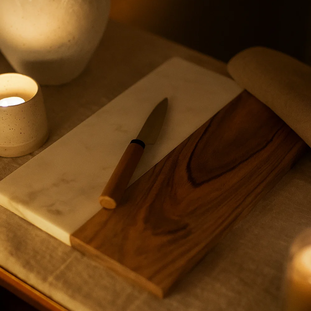 Acacia Wood & White Marble Colorblock Chopping Board