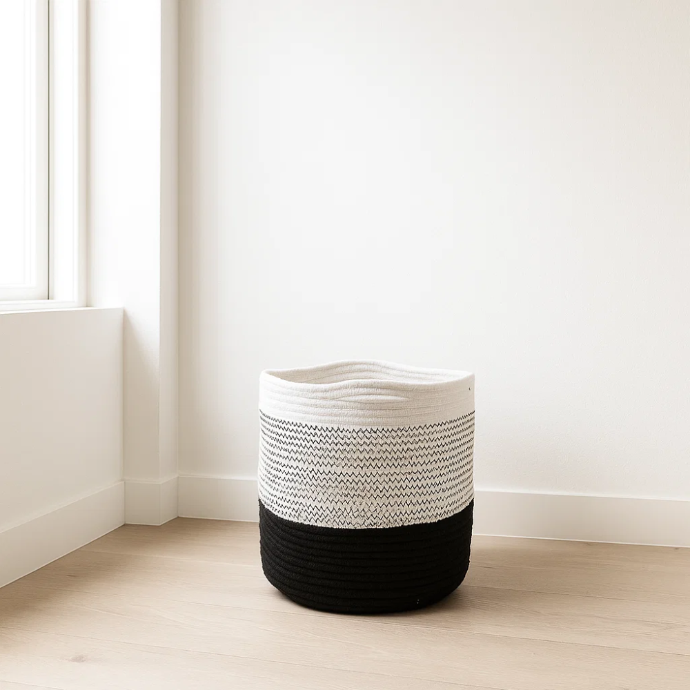 Handwoven Cotton Monochrome Zigzag Basket – Artisan Cotton Storage Basket with Black & White Pattern