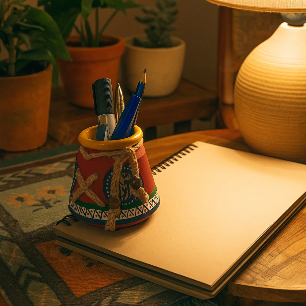 Hand Painted Clay Tribal Pen Stand – Artisan Clay Desk Organizer with Folk Art Motifs & Jute Rope Detailing