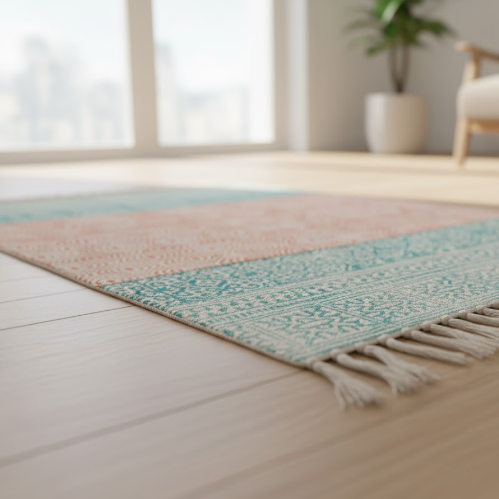 Art Deco Cotton Rug with Tassels – Handwoven Artisan Cotton Rug with Geometric Detailing