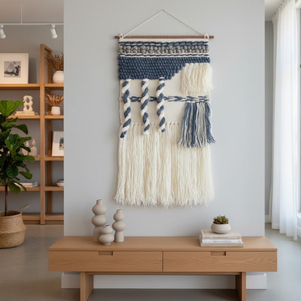 Handwoven Tufted Abstract Fringed Wool Wall Hanging