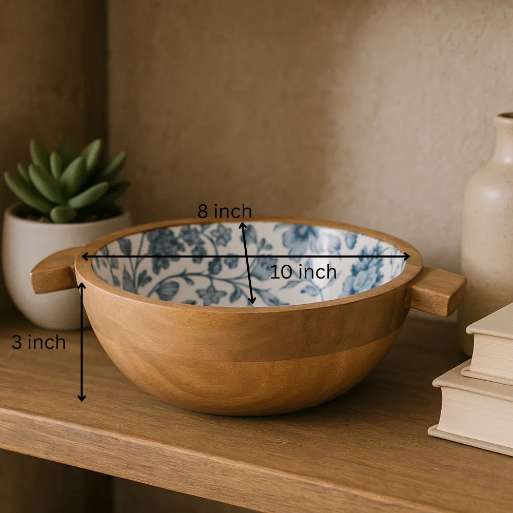 Enamelled Floral Turned Wooden Salad Bowl & Server – Handcrafted Wooden Salad Bowl with Enamel Finish