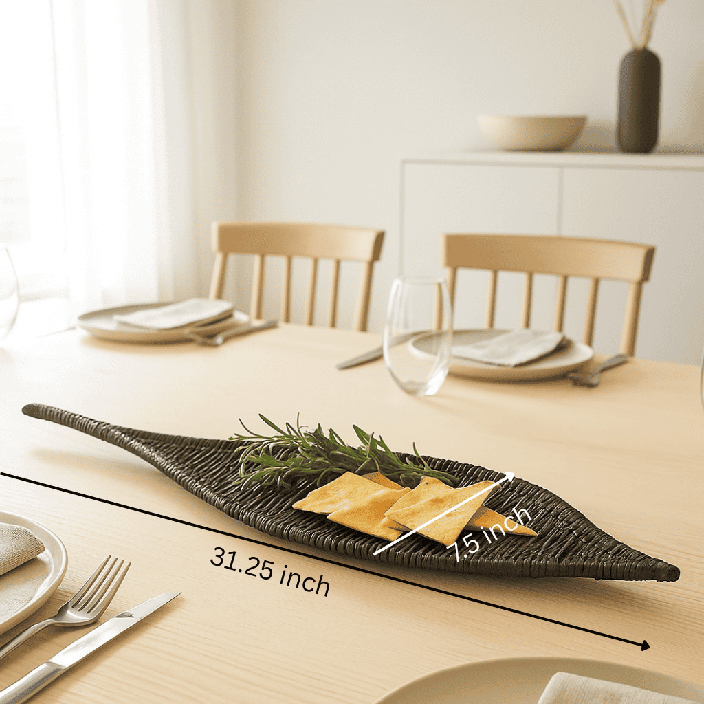 Handwoven Black Boat-Shaped Wicker Platter