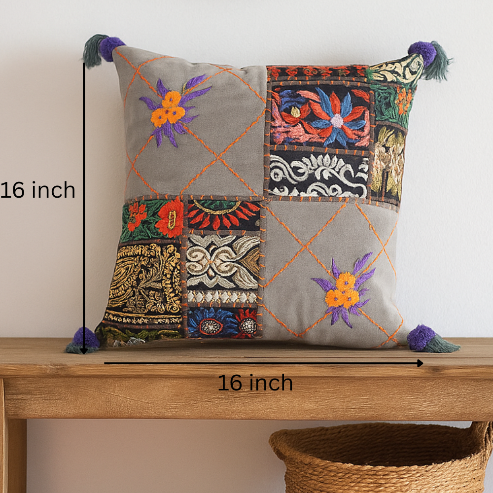 Embroidered Patchwork Cotton Cushion Cover – Artisan Tasseled Accent