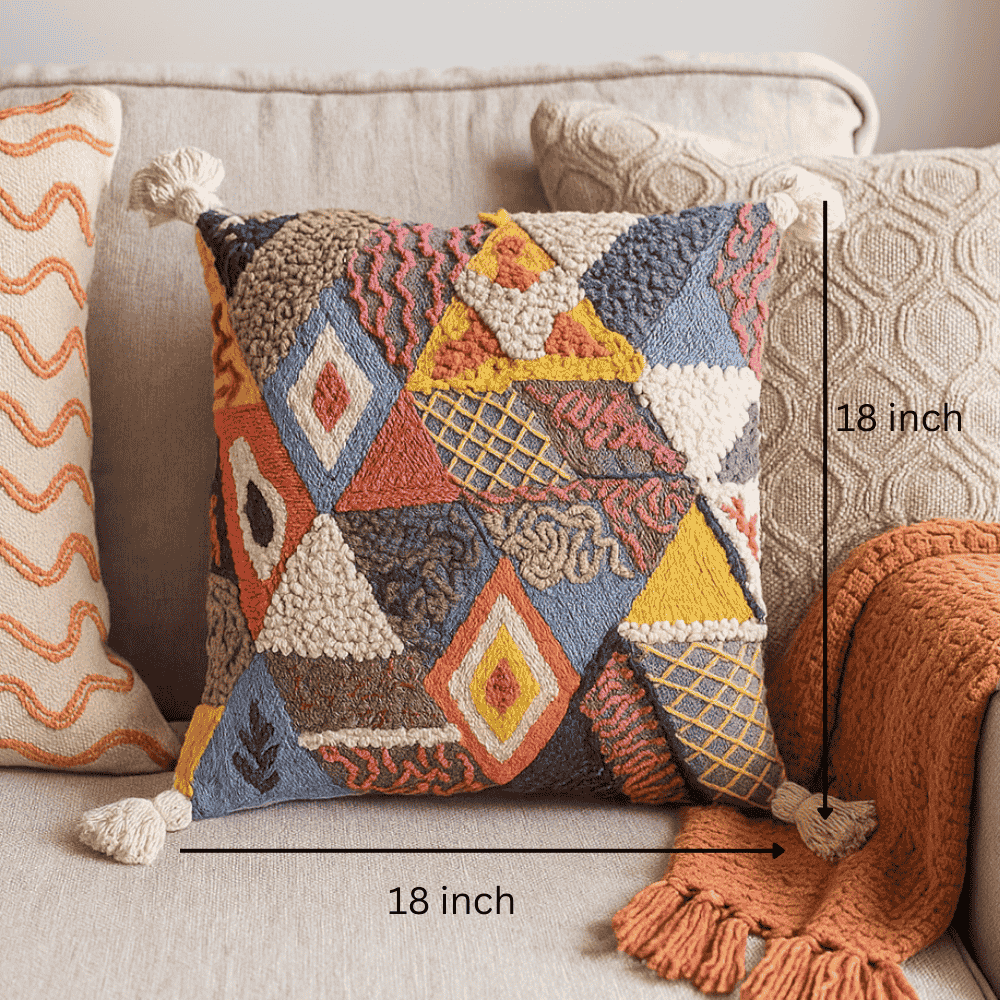 Embroidered &amp; Tasseled Cotton Cushion Cover