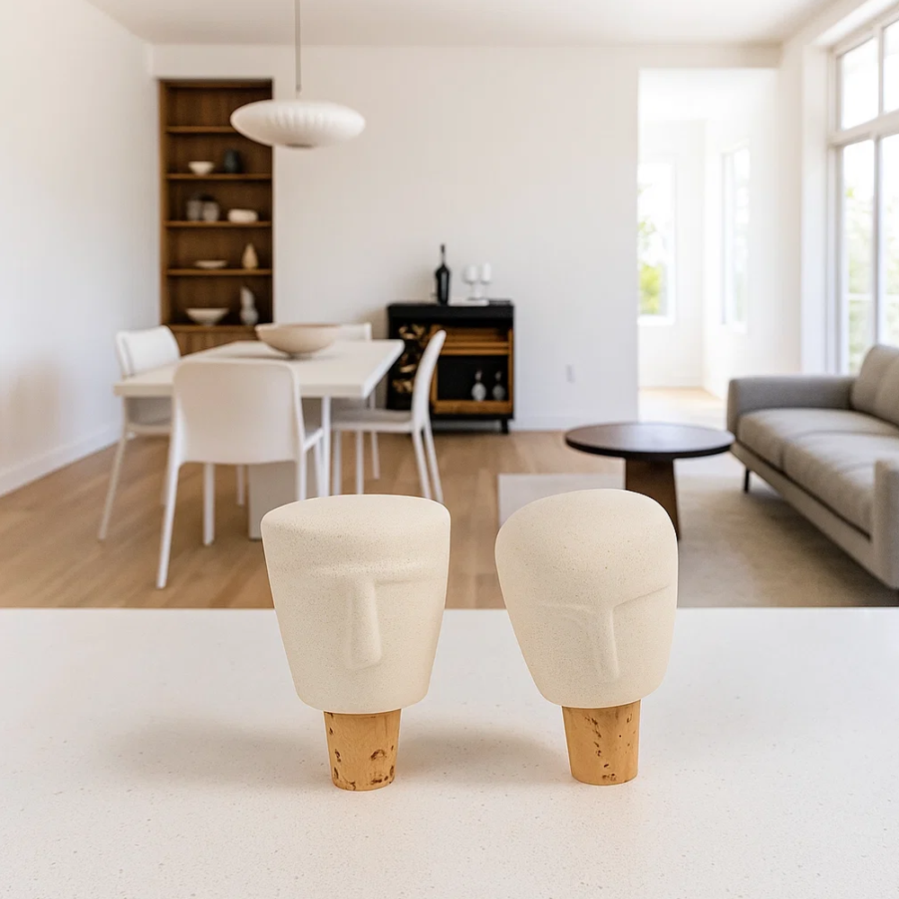 Sculpted Faces Ceramic Bottle Stoppers (Set of 2) – Artisan Ceramic Barware with Hand-Sculpted Face Motifs