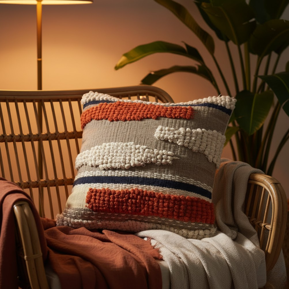 Woven Cotton Cushion Cover with Tufts