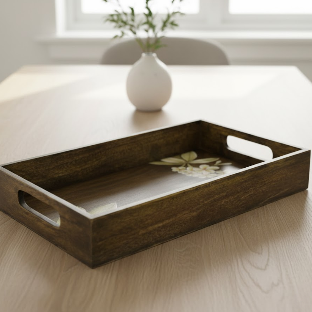 Frangipani Hand Painted Rectangular Wooden Tray – Artisan Wooden Serveware with Floral Hand-Painting