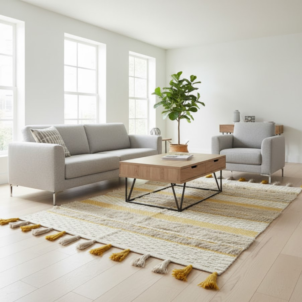 Handwoven & Tufted Tuscan Rug – Artisan Cotton Rug with Jacquard Weave, Tufts & Tassels