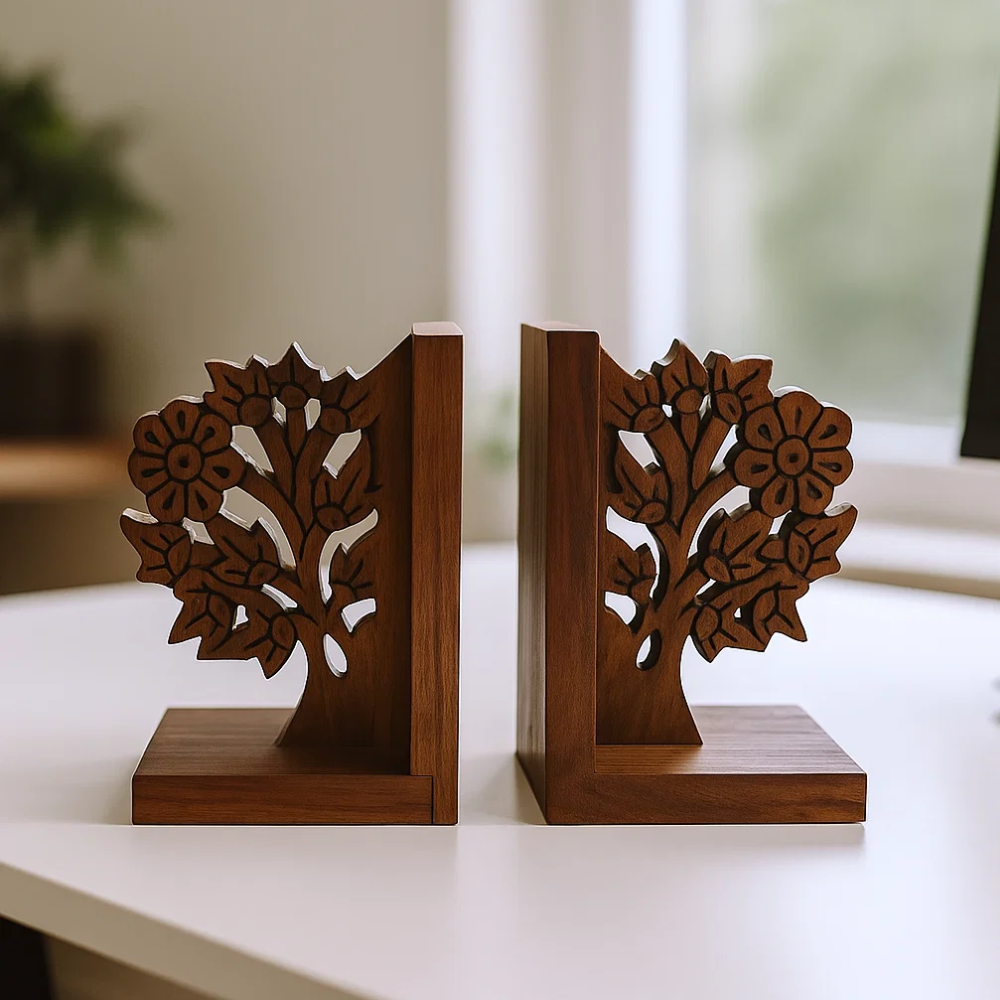 Hand Carved Solid Wood Tree Bookends (Set of 2) – Rustic Artisan Wooden Bookends with Tree Motif