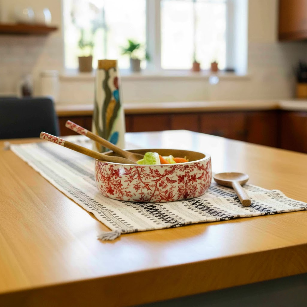 Floral Wooden Salad Bowl with Servers Set – Handcrafted